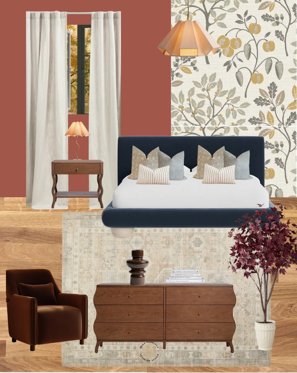 Gorgeous bedroom with floral wallpaper, vintage rug, new dresser and nightstand from Lulu & Georgia, velvet blue bed, organic vase, neutral curtains and a gorgeous brown velvet chair from Article. #homedecor #bedroomdesign #moodboard 

#LTKHome #LTKFamily #LTKSeasonal