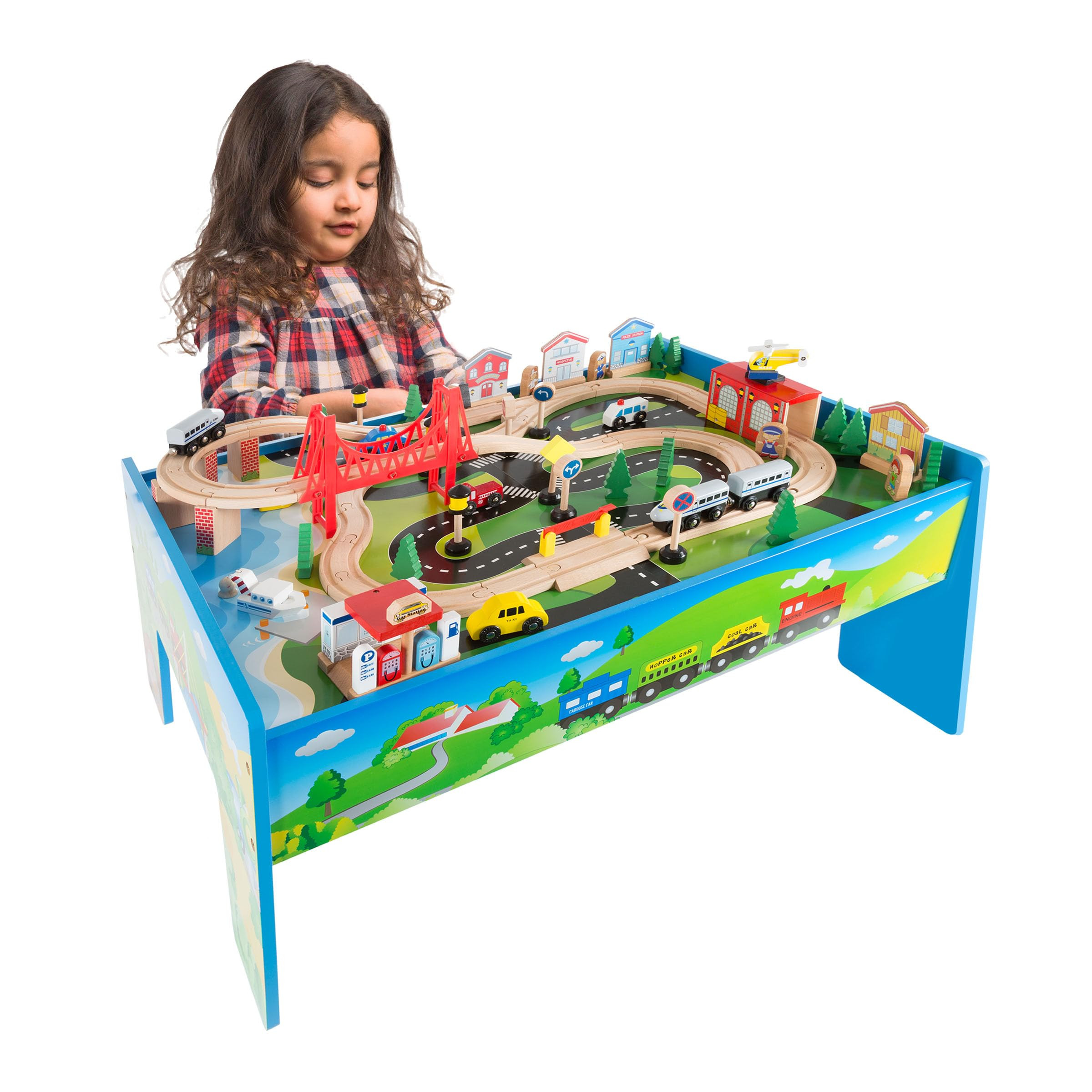 Wooden Train Set Table for Kids, Deluxe Had Painted with Tracks, Cars, Boats, and Accessories for... | Amazon (US)