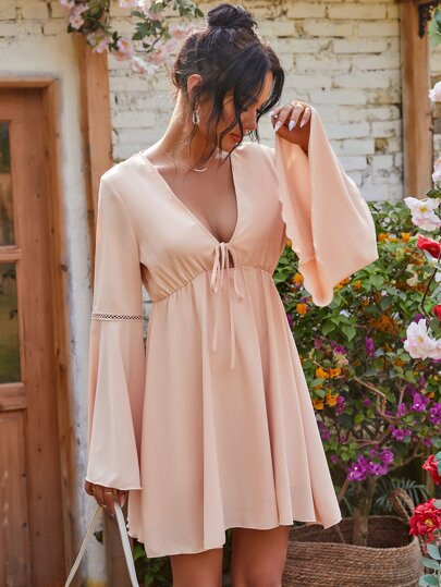 Plunging Neck Flounce Sleeve Tie Front A-line Dress | SHEIN