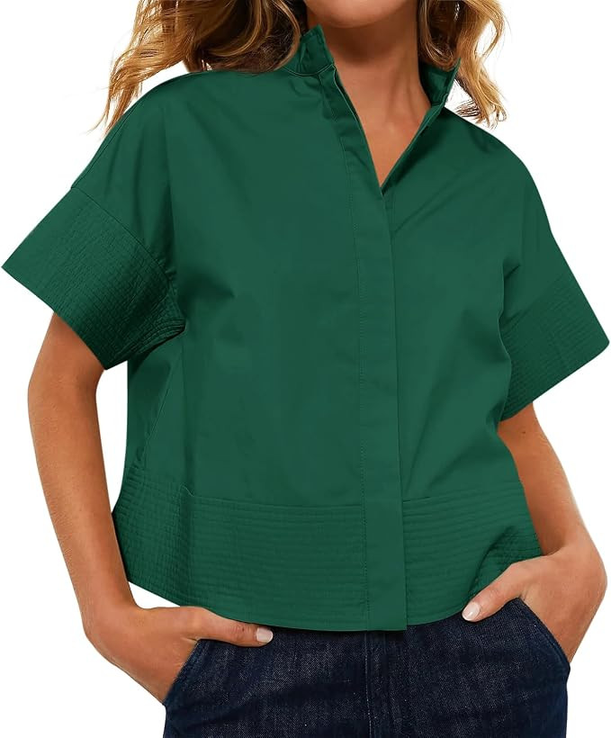 Cicy Bell Womens Cropped Short Sleeve Button Down Shirts Pleated Summer Dressy Casual Blouse Stan... | Amazon (US)
