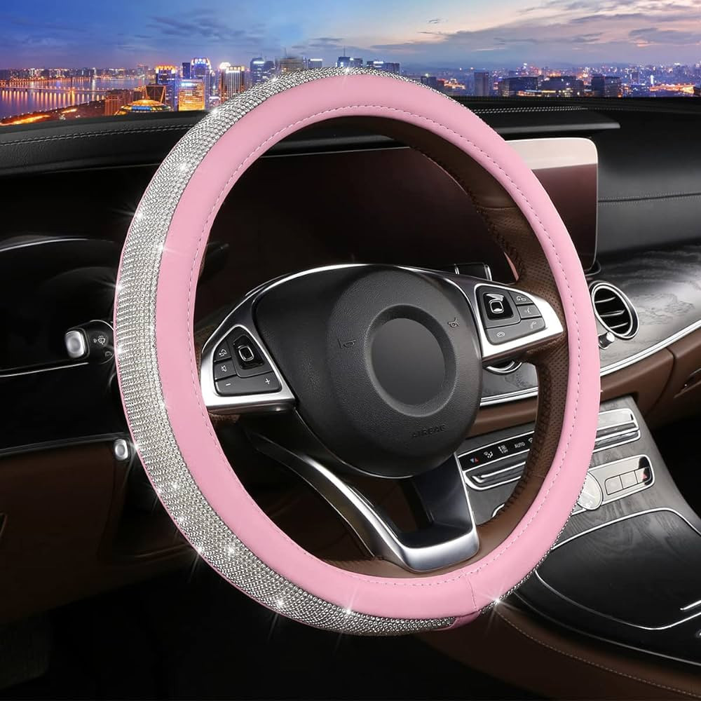 Steering Wheel Cover Women Pink Bling Diamond Steering Wheel Cover, Leather Cute Steering Wheel C... | Amazon (US)