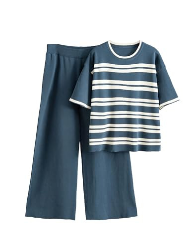 Tanming Womens 2 Piece Knit Sets Travel Outfits Striped Short Sleeve Top Wide Leg Pants Lounge Tracksuits (Navy-S) | Amazon (US)