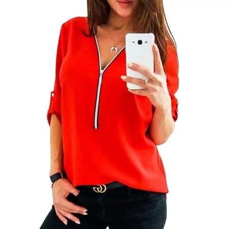 Women Tops T Shirts Zipper V-neck T-Shirt Casual Blouse Summer Spring Long Roll-Up Sleeve Tee Fashio | Walmart (US)