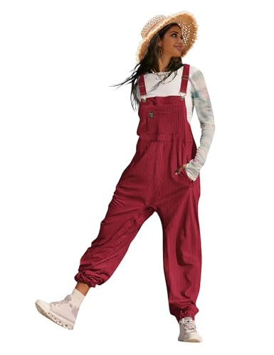 YESNO Women's Casual Corduroy Overalls Sleeveless Adjustable Straps Loose Harem Bib Jumpsuits for Women with Pockets L PCL Burgundy | Amazon (US)