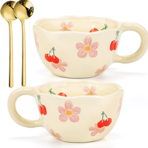 Yopay 2 Pack Ceramic Coffee Mug with Spoon, 8oz Handmade Hot Chocolate Mugs, Cute Cup for Girl Microwave Safe, Aesthetic Tea Milk Cup with Handle for Latte, Cocoa, Gift, Mom(Cherry flower) | Amazon (US)
