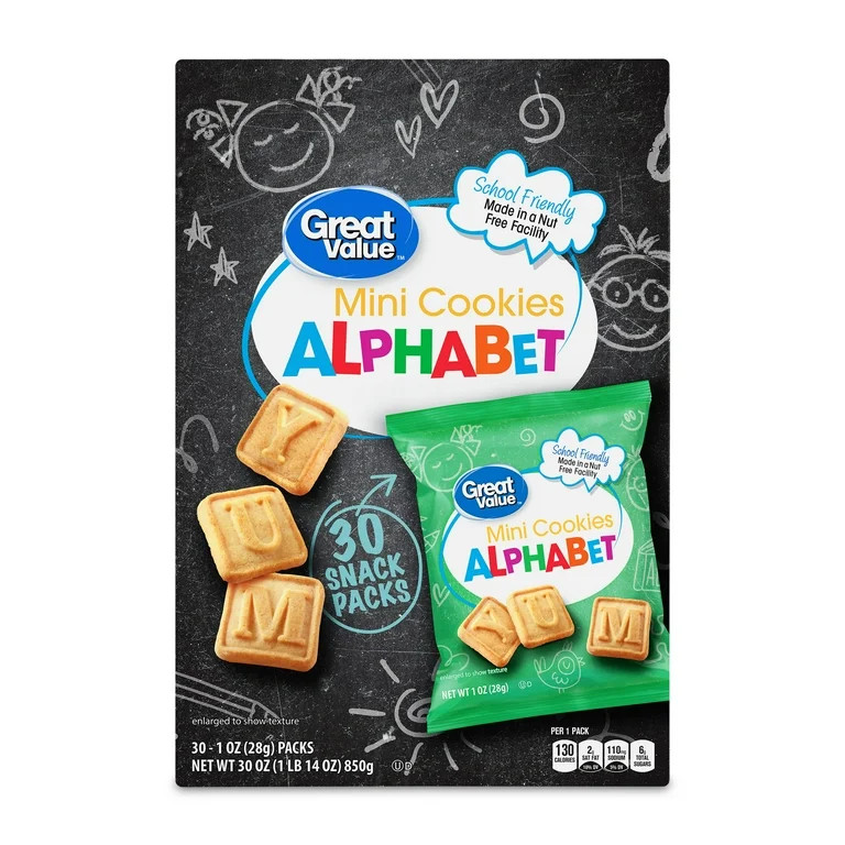 Great Value Mini Alphabet Cookies, 1 oz, 30 Snack Packs | Walmart (US)