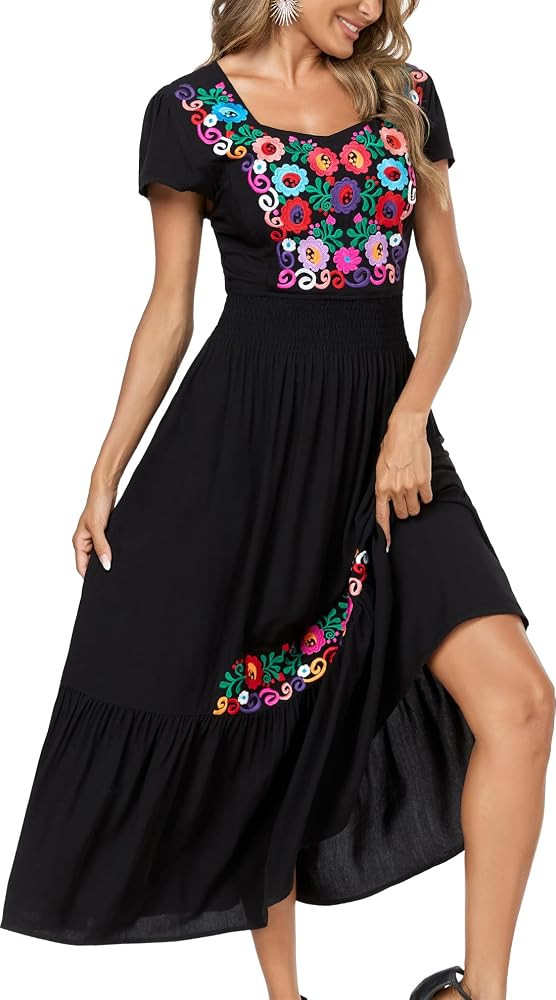 Women's Summer Maxi Dress Casual Floral Embroidered Round Neck Short Sleeve Ruffle Tiered Dress F... | Amazon (US)