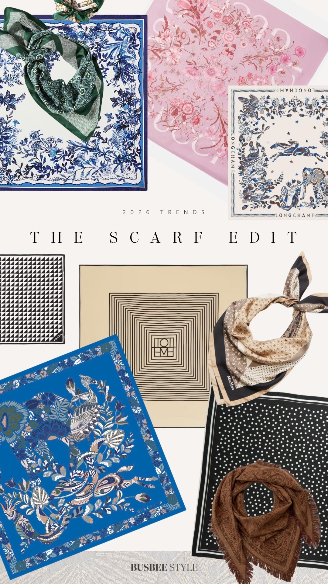 The silk scarf is a major “it girl” accessory of 2026. Wear it as as a headband, hair tie, ponytail wrap, neck scarf, choker, bandana, top (halter or wrap style), belt, bag charm, wrist accessory, ankle bracelet, bra strap cover, shawl over your shoulders, layered under a blazer, tied to your purse strap, as a face-framing hair ribbon, twisted into your braid, knotted at your waist over a dress, draped as a sarong or beach cover-up, or even wrapped around a hat for that vintage flair.