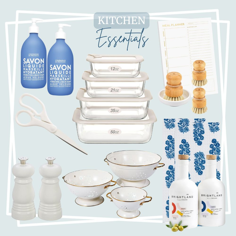 From prep to storage, these essentials make life in the kitchen easier. Tap to browse.

Blue liquid soap, glass food storage containers with airtight lids, white kitchen scissors, wooden dish scrubbers, meal planner notepad, white and gold enamel colanders, white salt and pepper grinders, blue floral Swedish towel, olive oils. #LTKFindsUnder50 #LTKFindsUnder100 

 #LTKHome