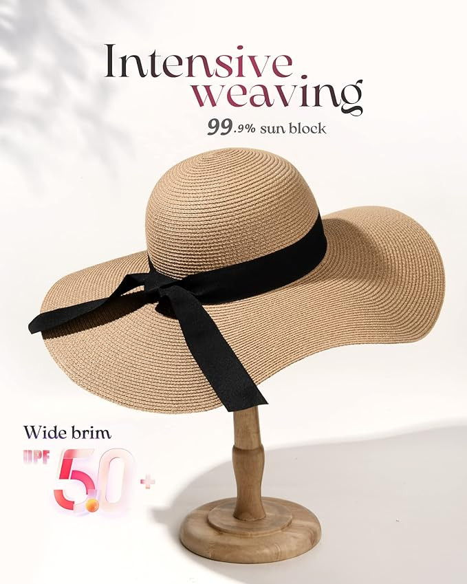 Womens Sun Straw Hat Wide Brim UPF 50 Summer Hat Foldable Roll up Floppy Beach Hats for Women | Amazon (US)
