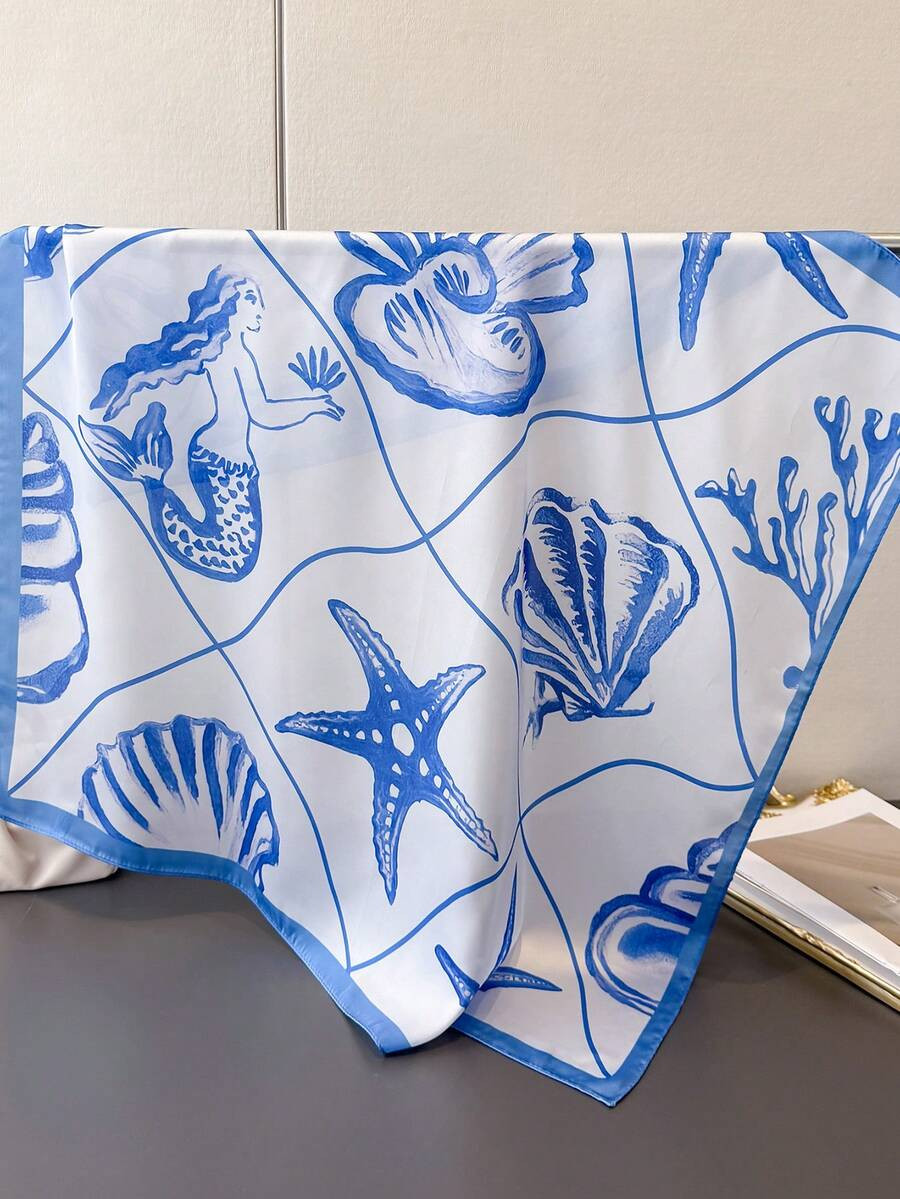 1pc Seashore Resort Starfish & Mermaid Print Silk-Like Square Scarf/Headband/Neckerchief, 68cm, S... | SHEIN