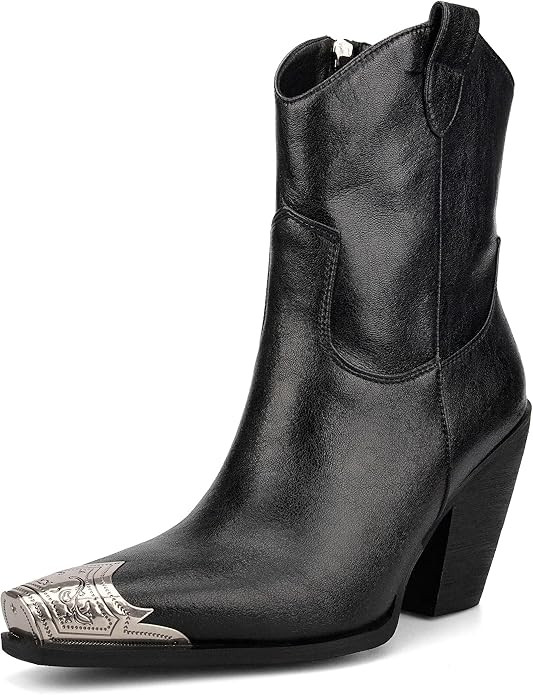 Womens Western Ankle Boots Engraved Metal Toe Cowgirl Booties Stacked Block Heeled Cowboy Boots F... | Amazon (US)