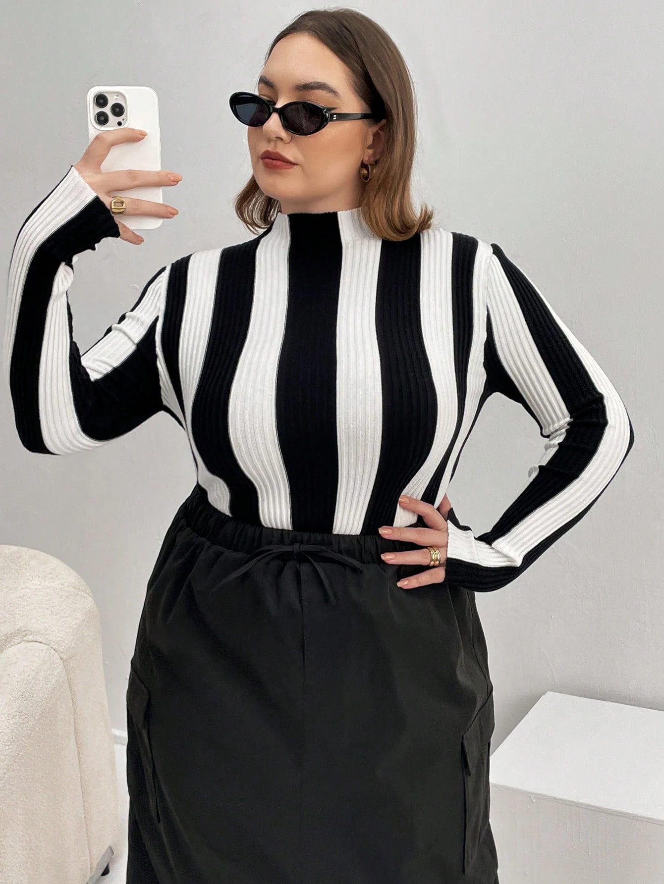 SHEIN Essnce Plus Striped Pattern Mock Neck Sweater | SHEIN