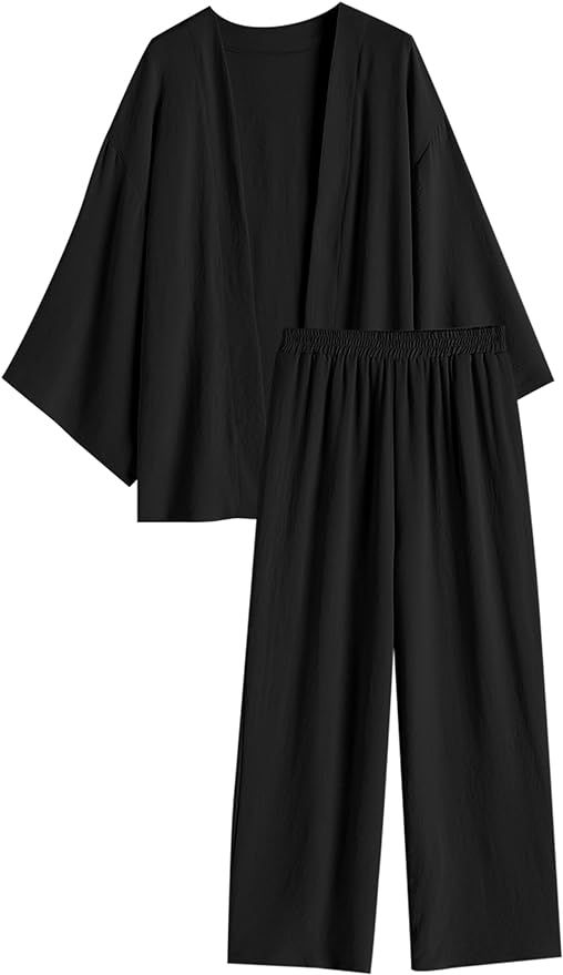 ZAFUL Womens 2 Pieces Outfit Loungewear Sets Linen Loose Cardigan Wide Leg High Waist Pants Casua... | Amazon (US)
