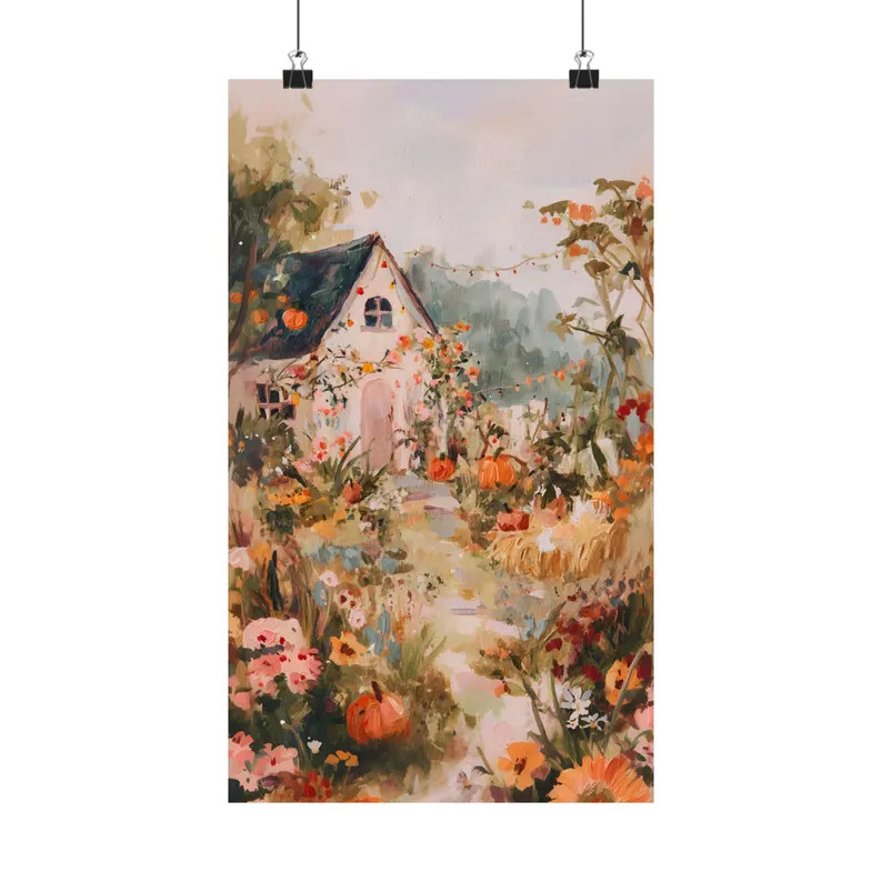 Autumn Cottage Wall Art Print, Cozy Pumpkin Farmhouse Artwork, Whimsical Fall Cottagecore Decor, ... | Etsy (US)