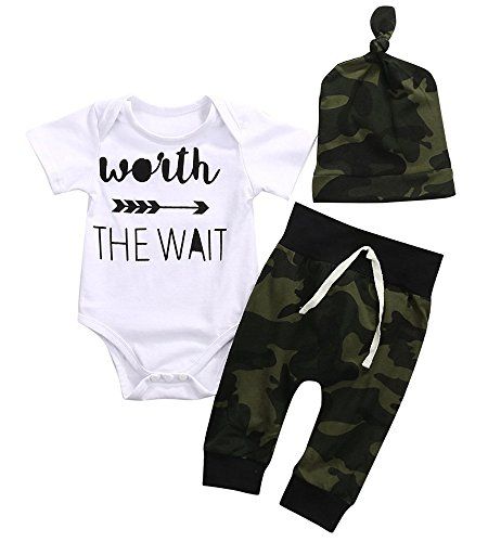 Cute 3pcs Newborn Baby Boys Letter Print Romper+Camouflage Pants+Hat Outfits Set (70(0-3M),White&Cam | Amazon (US)