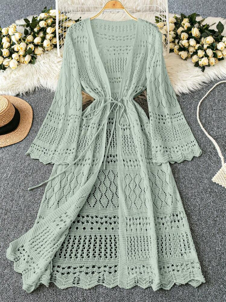 DreamSkyne Plus Size Women's Solid Color Beach Resort Romantic Crochet Net Drawstring Tie Bow Cardigan Western Wear | SHEIN