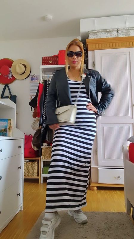 Stripe maxi dress and biker Jacket. What do you think?? 

