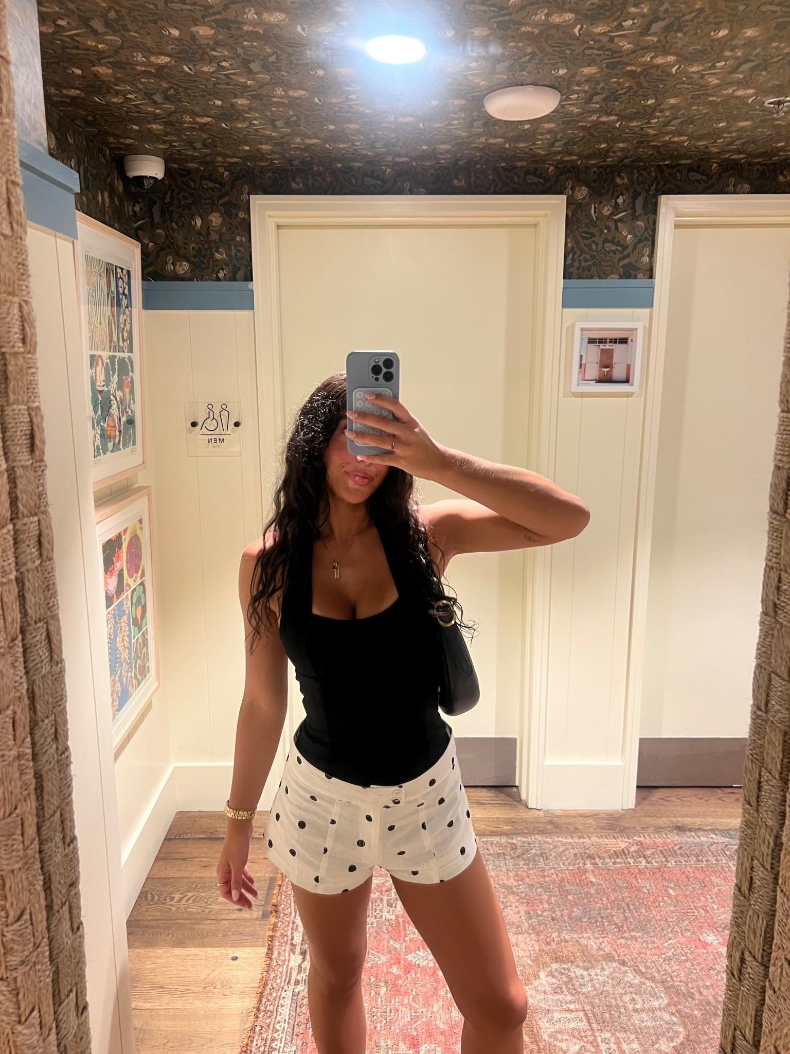 polka dot micro short, halter top & kitten heels

