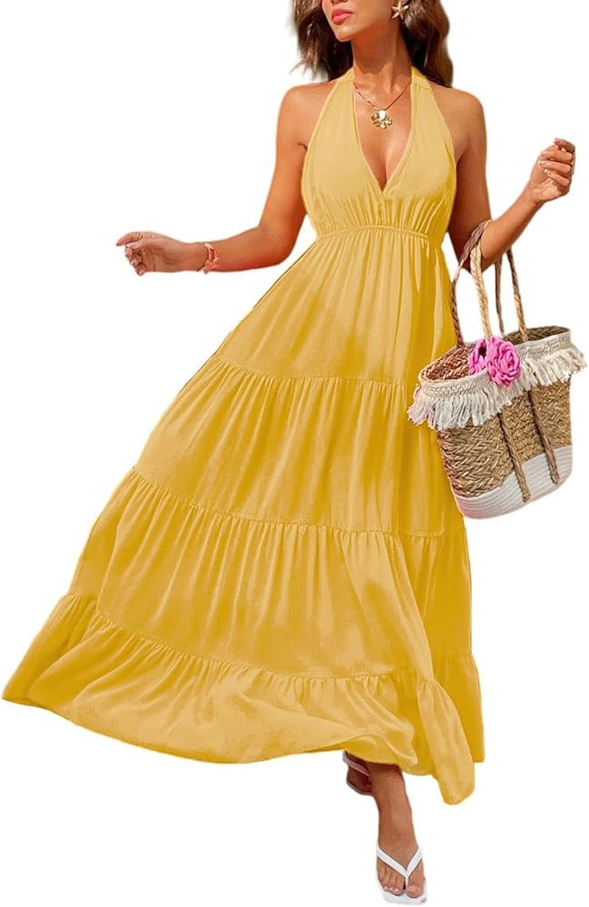 SOLY HUX Women's Summer Maxi Dress Halter V Neck Tie Backless Sleeveless Ruffle Flowy Long Dresse... | Amazon (US)