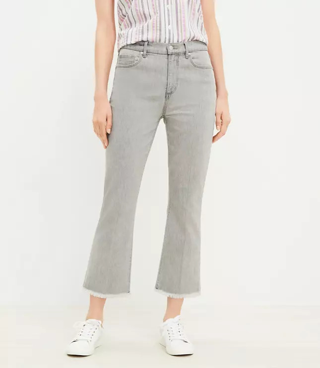 Frayed High Rise Kick Crop Jeans in Pure Grey Wash | LOFT