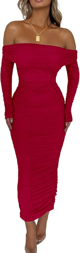 Pretty Garden Womens Fall Off Shoulder Maxi Bodycon Dress Long Sleeve Ruched Fitted Club Dresses ... | Amazon (US)