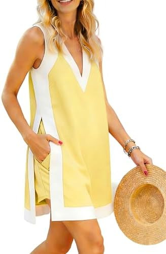Hooever Women's Sleeveless V Neck Color Block 2 Piece Set Tunic Dress Top with Shorts Summer Beac... | Amazon (US)