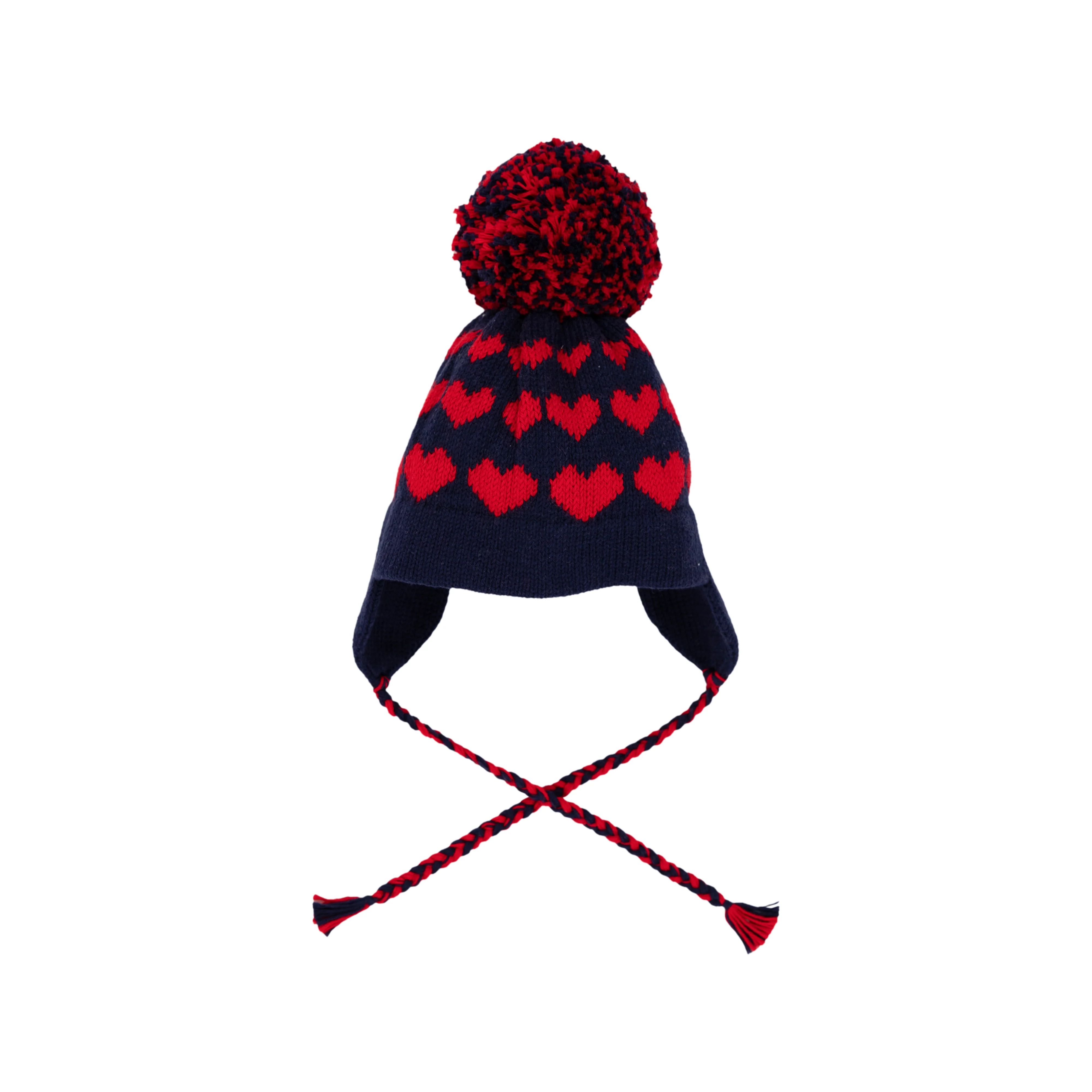 Parrish Pom Pom Hat - Nantucket Navy with Richmond Red Hearts | The Beaufort Bonnet Company