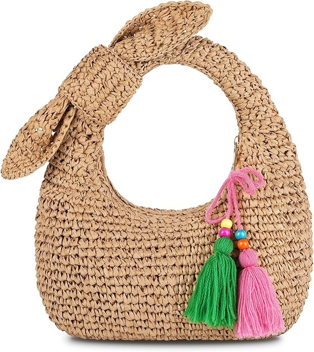 Straw Handbags Small Tote Purse Bow Knotted Straw Clutch with Tassels for Summer Beach Travel | Amazon (US)