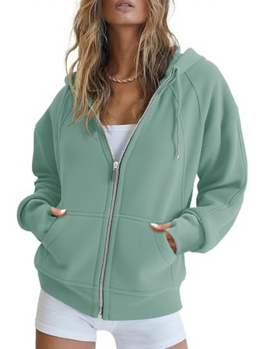 Fisoew Womens Zip Up Sweatshirts Fleece Lined Collar Crop Hoodie Casual Cotton Long Sleeve Tops with Thumb Hole Dark Green | Amazon (US)