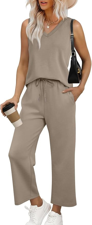 WIHOLL Two Piece Set for Women Summer Outfits Vacation Trendy Lounge Sets V Neck Matching Sets | Amazon (US)