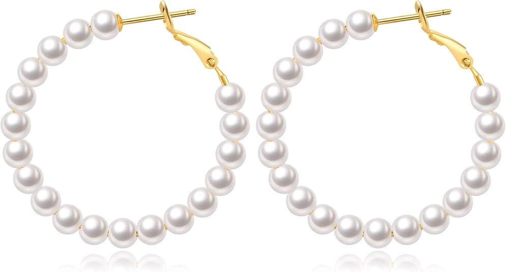 Pearl Hoop Earrings for Women Small Pearl Hoop Earrings 14K Gold Plated Lightweight Open Large Ci... | Amazon (US)