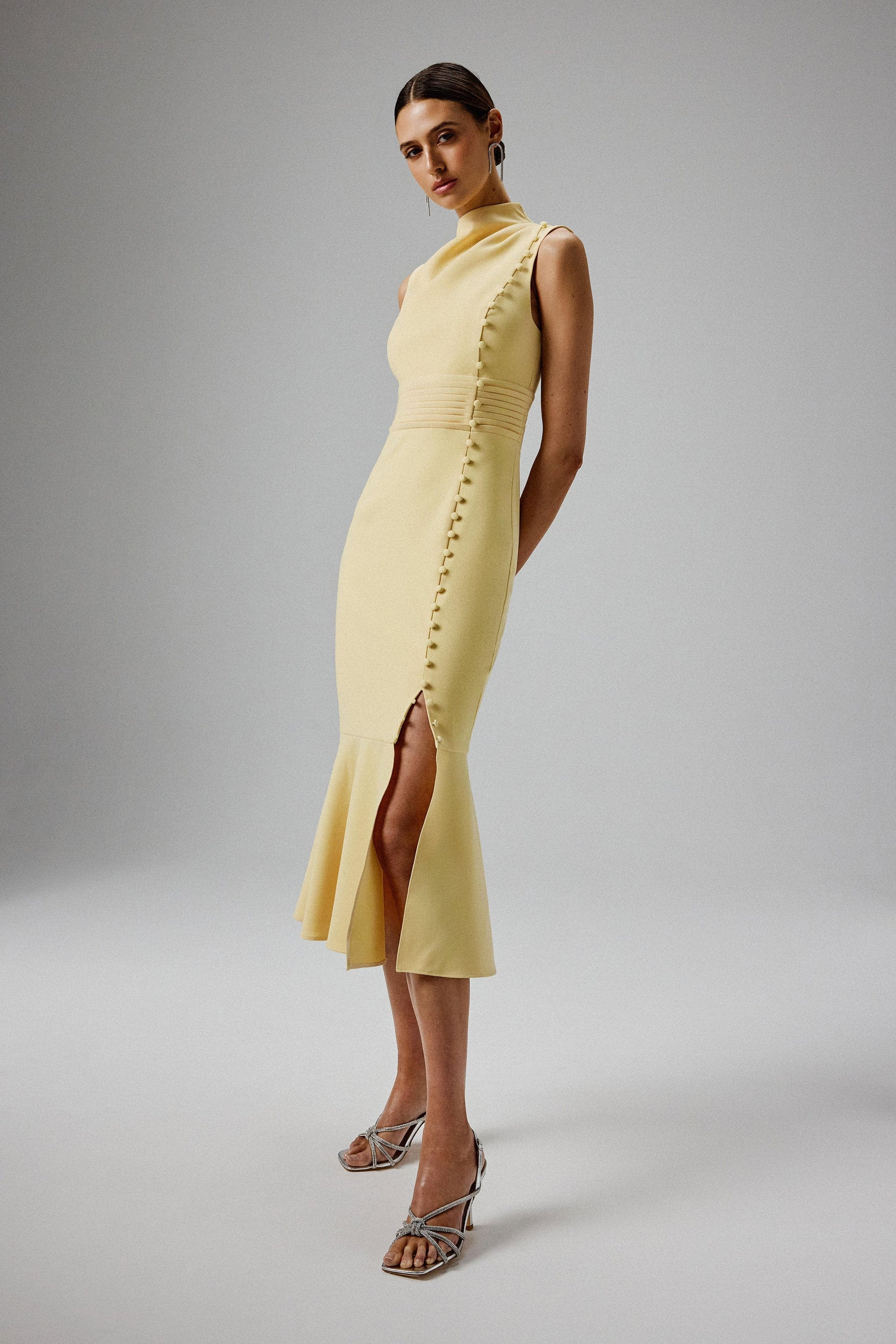 SAFFRON High Neck Micro Button Midi Dress in Yellow | Lavish Alice Retail Ltd