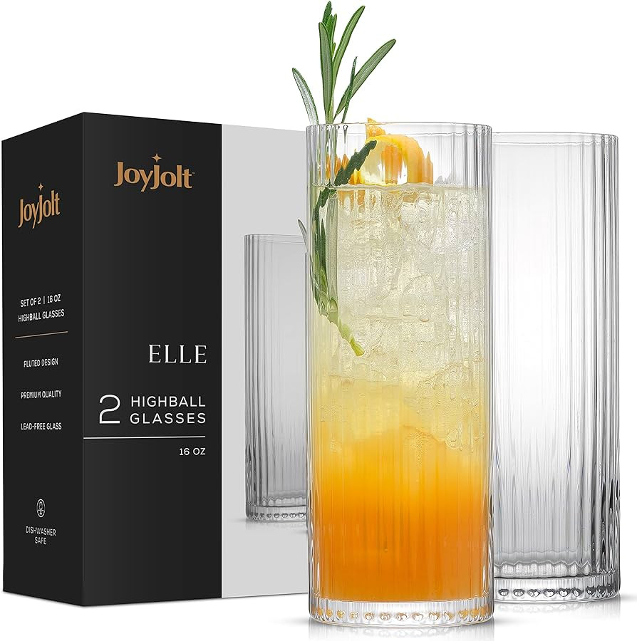 JoyJolt Fluted Highball Glasses – ELLE 16oz Tall Drinking Glasses. 2 Ribbed Highball Glasses. G... | Amazon (US)