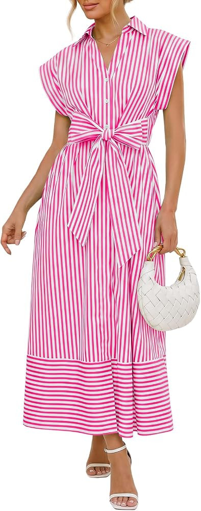 Wenrine Womens Summer Striped Maxi Dress Tie Waist Shirt Dress with Pockets | Amazon (US)