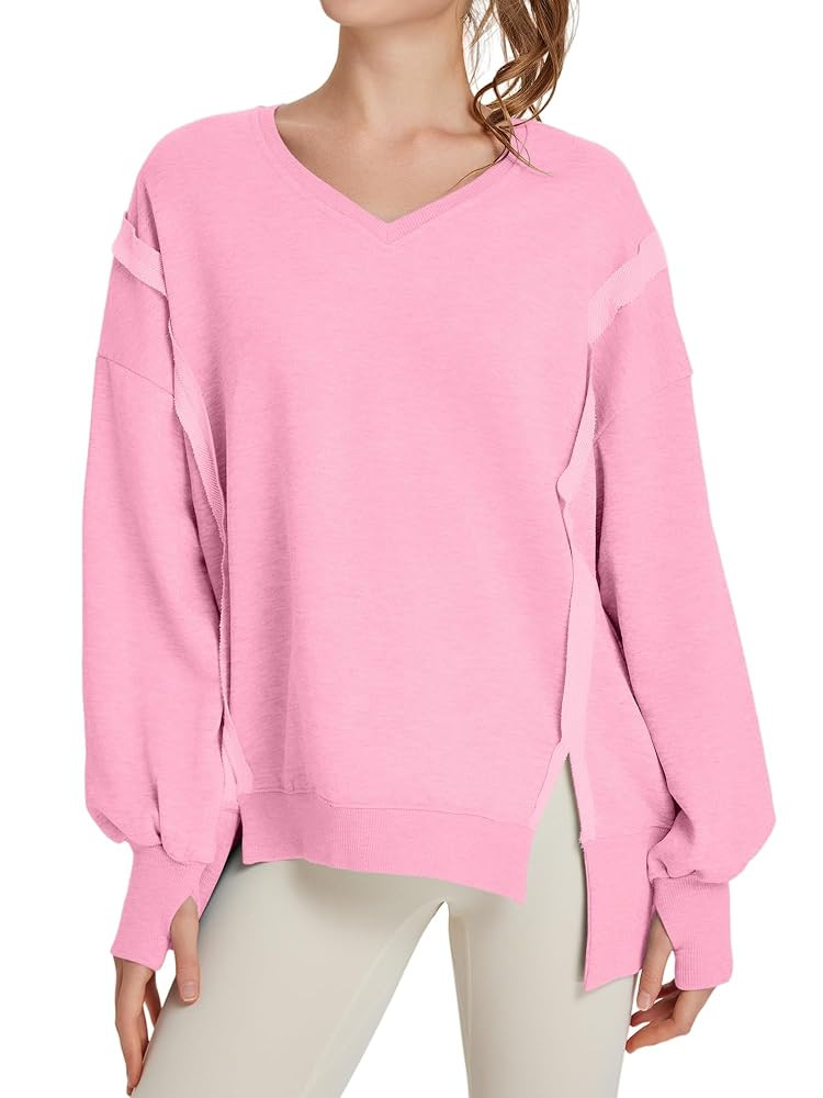TAKEYAL Women's Oversized Sweatshirts Side Slit Long Sleeve V Neck Sweatshirt Casual Loose Pullov... | Amazon (US)