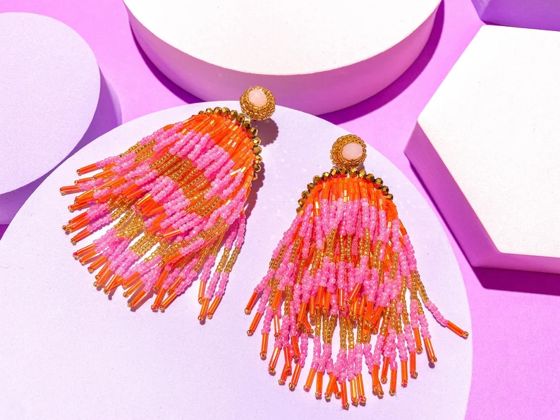 Pink and Orange METEOR SHOWER EARRINGS Statement Fringe | Etsy | Etsy (US)