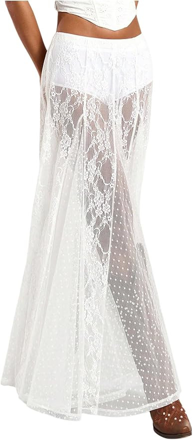 MakeMeChic Women's Lace Sheer Maxi Skirts Floral Polka Dots Ruffle Concert Boho Goth Long Skirts | Amazon (US)