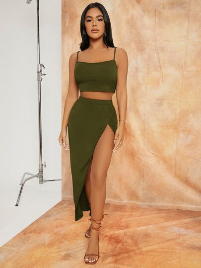 SHEIN Solid Crop Cami Top & Split Thigh Skirt Set | SHEIN