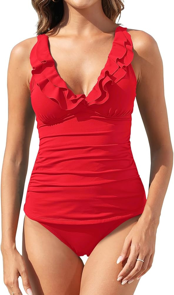 Yonique Womens 2 Piece Falbala Ruffle Flounce Tankini Swimsuits Ruched Bathing Suits Deep V Neck ... | Amazon (US)