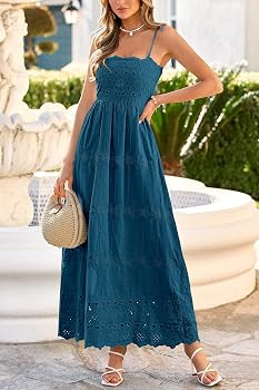 dowerme Womens Spaghetti Strap Eyelet Cotton Boho Maxi Dress | Amazon (US)