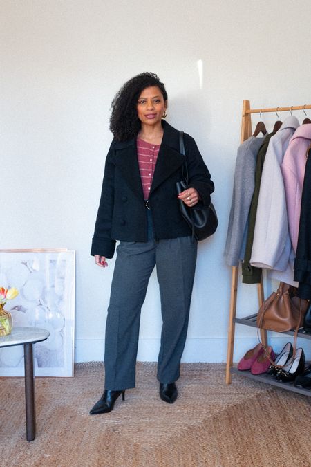 Winter outfit consisting of grey tailored trousers, pink Sézane cardigan and cropped pea coat. 

Petite style, petite outfit, winter style
#workwear

#LTKSeasonal #LTKover40 #LTKstyletip