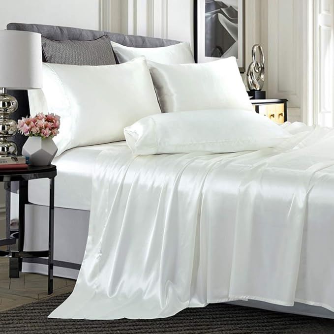 TREELY 6 Piece Satin Sheets Queen Size Silky Smooth Ivory White Satin Sheet Set with Deep Pocket,... | Amazon (US)