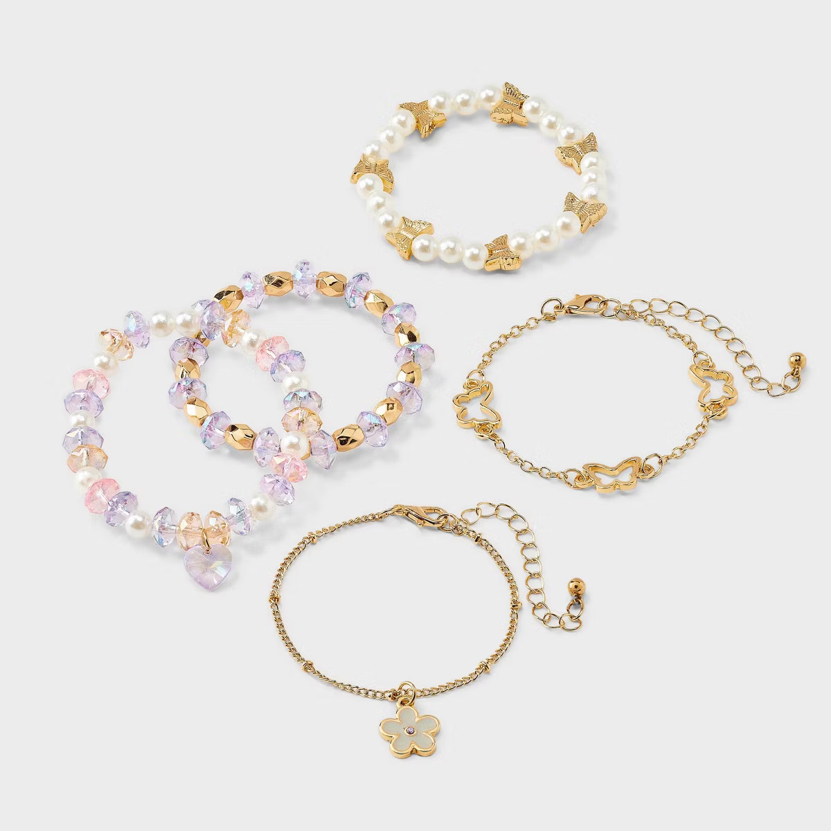 Girls' 5pk Flowers and Butterflies Bracelet Set - Cat & Jack™️ Gold/Purple: Beaded, Chain, St... | Target