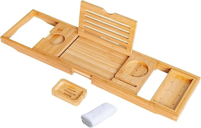 Enlux Bamboo Bathtub Caddy Tray, Expandable Bathtub Caddy Tray for Luxury Bath, Includes Cotton T... | Amazon (US)
