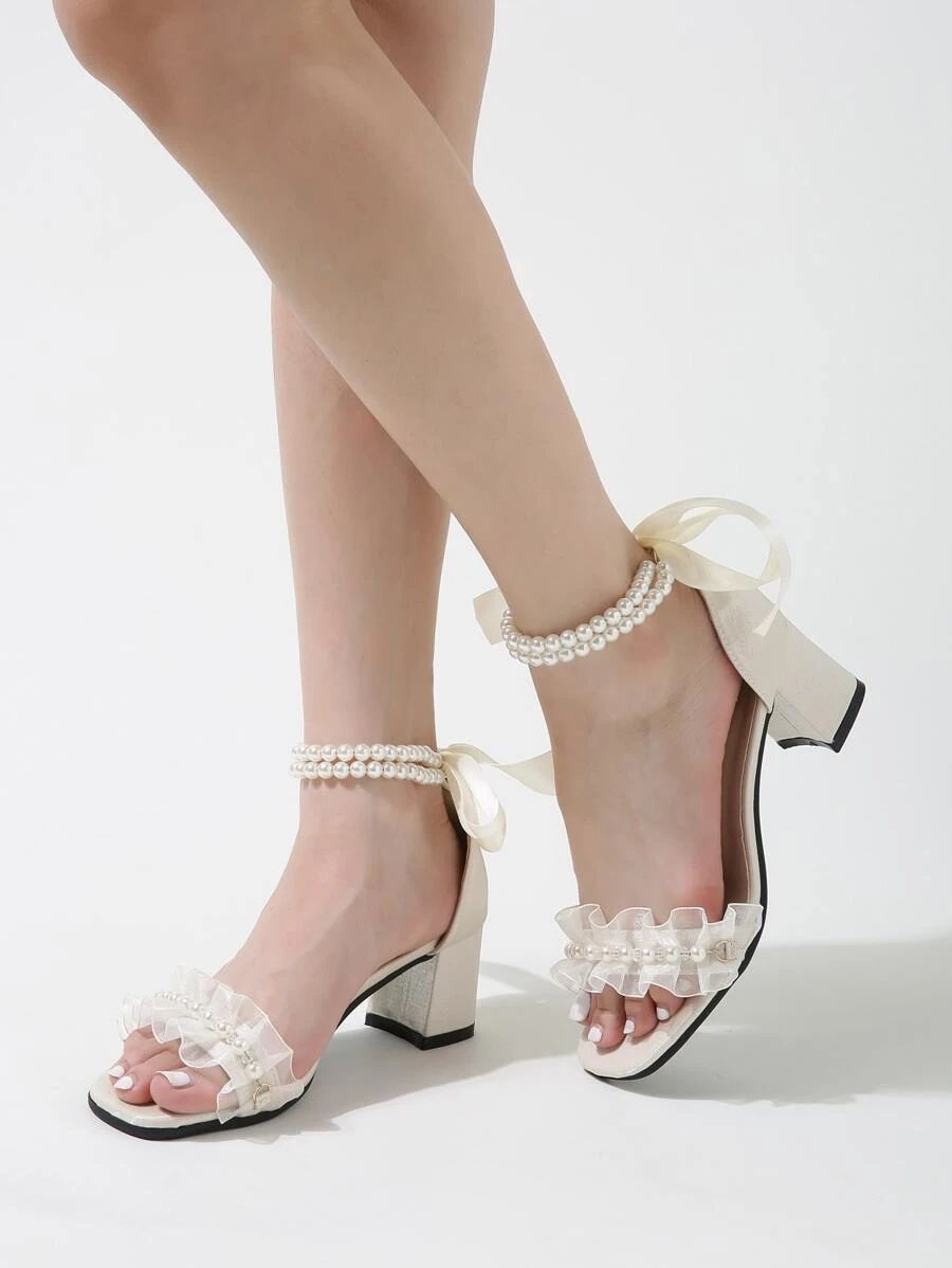 Faux Pearl Decor Frill Detail Chunky Heeled Ankle Strap Satin Sandals
   
      SKU: sx2210306728... | SHEIN