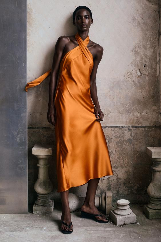 SATIN HALTER MIDI DRESS | Zara UK