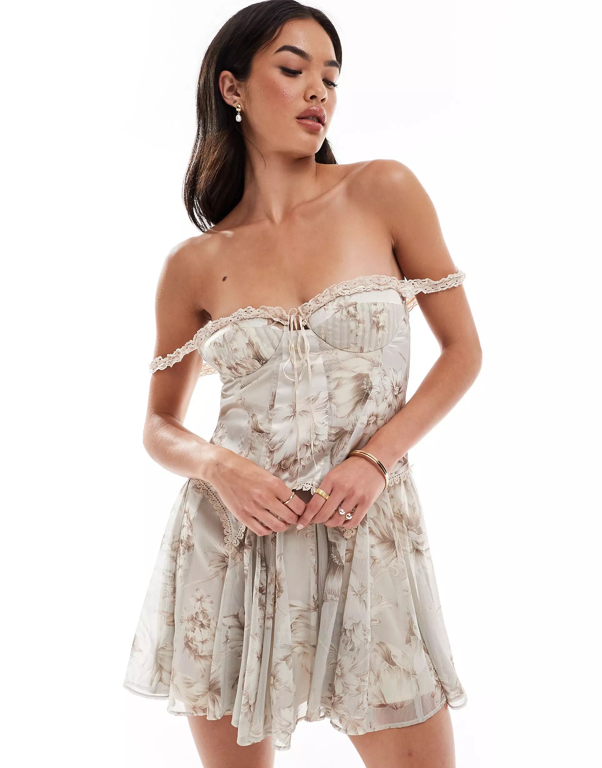 ASOS DESIGN frill detail satin corset mini dress with chiffon godet skirt in vintage floral | ASOS (Global)