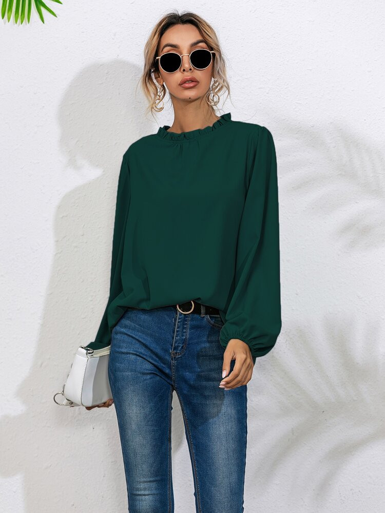 Frill Neck Bishop Sleeve Blouse | SHEIN