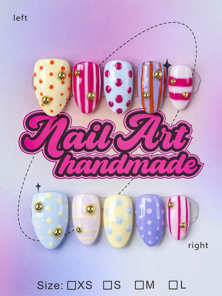 10pcs Y2K Style Handmade Almond-Shaped Fake Nails, Y2K Style, Nude, Orange, Blue, Red French Mani... | SHEIN